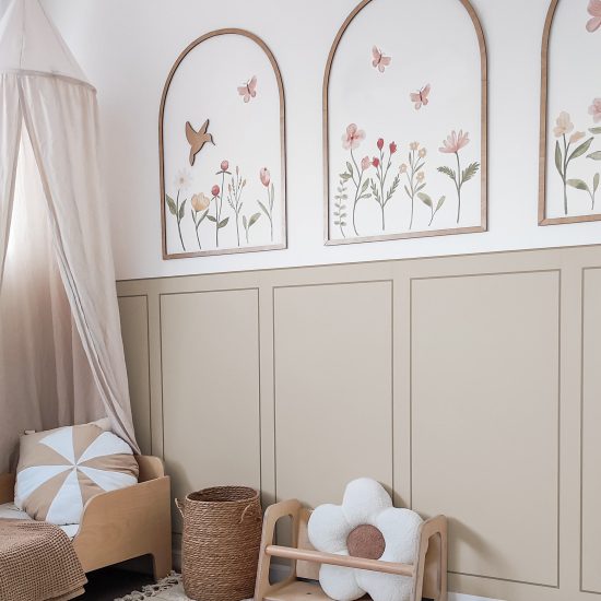 Pink half-wall panel-style adhesive wallpaper