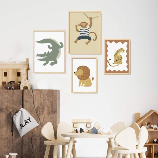 Dibujos para una habitación infantil: león, cocodrilo, guepardo, mono