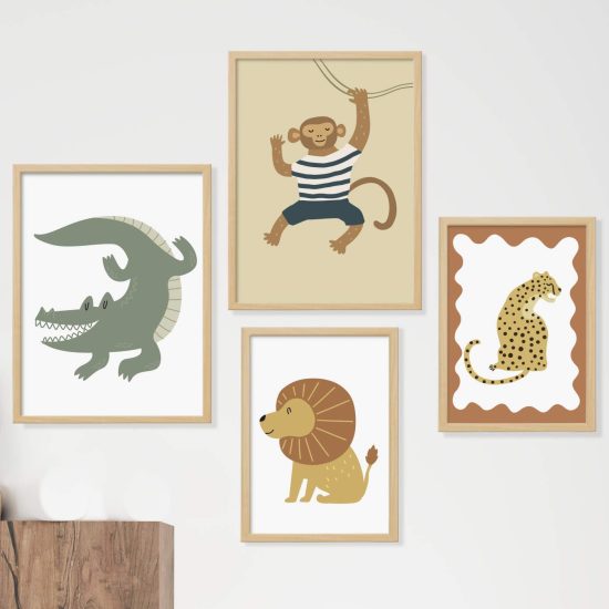 Funny animals lion crocodile cheetah monkey kids room poster set – premium prints by Ponponi