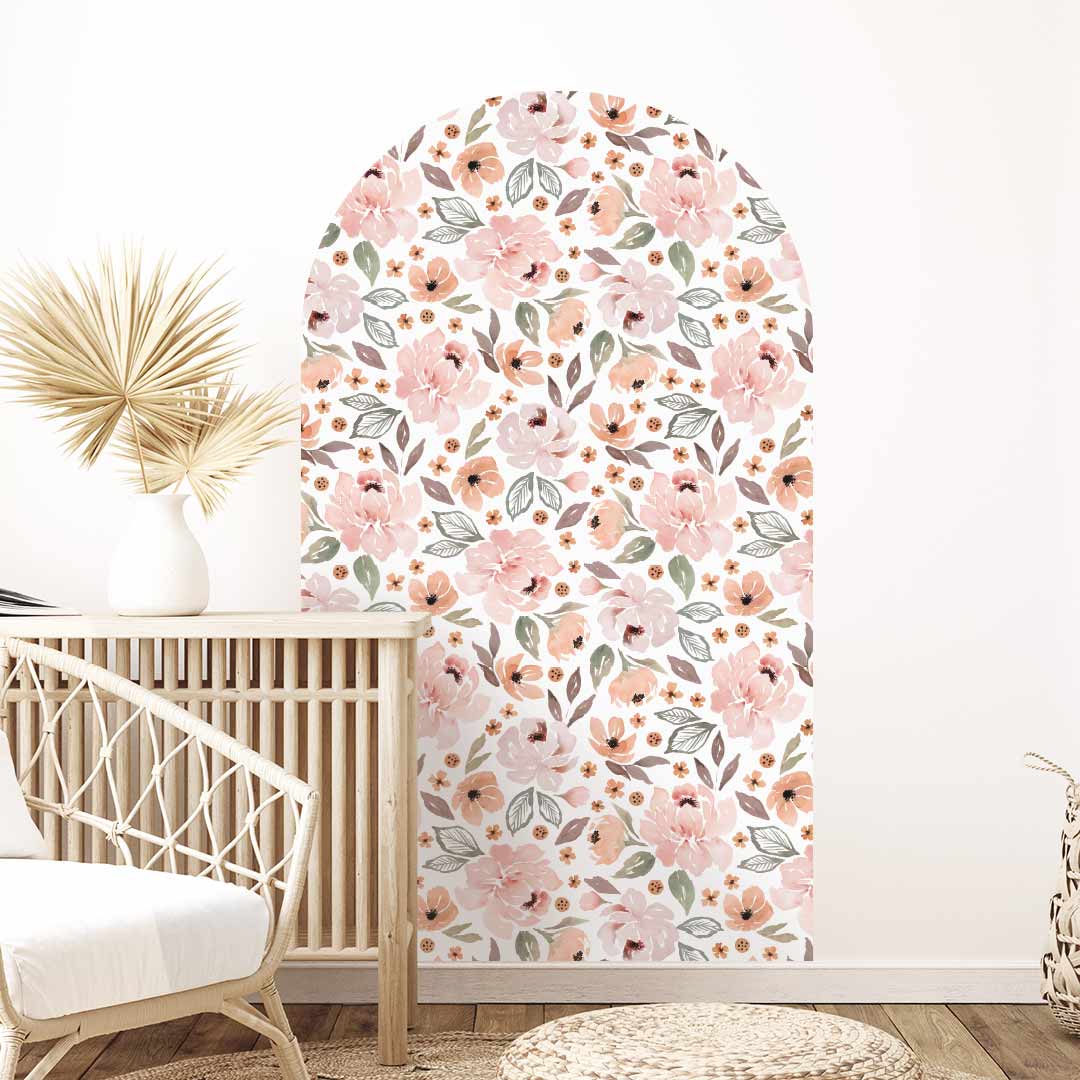 Arch shaped peony flower wall sticker – reusable fabric patented adhesive decal by Ponponi