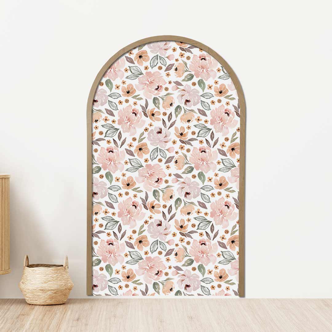 Arch peony sticker set with wooden frame 90x150cm – premium kids room bundle by Ponponi