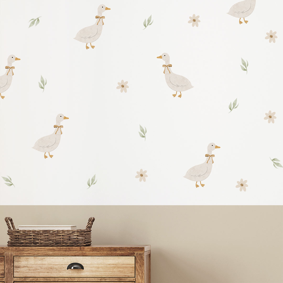Vintage goose wall stickers with leaves and flowers – reusable patented fabric decals by Ponponi