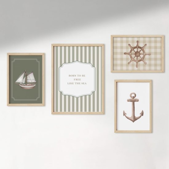 Cuadros para una habitación infantil con barcos y elementos temáticos del océano