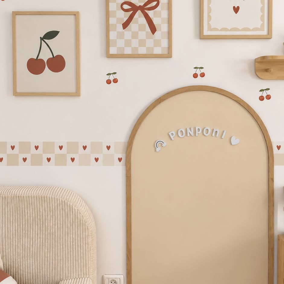 Checkered Wall Border Sticker – Beige & Cream with Red Hearts | Vintage Kids' Room Decor