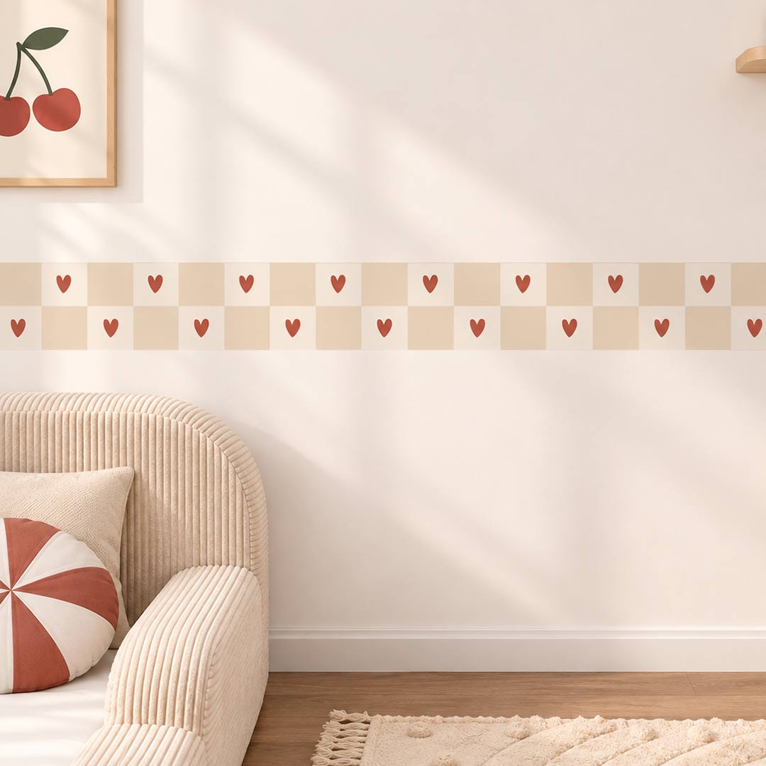 Checkered Wall Border Sticker – Beige & Cream with Red Hearts | Vintage Kids' Room Decor