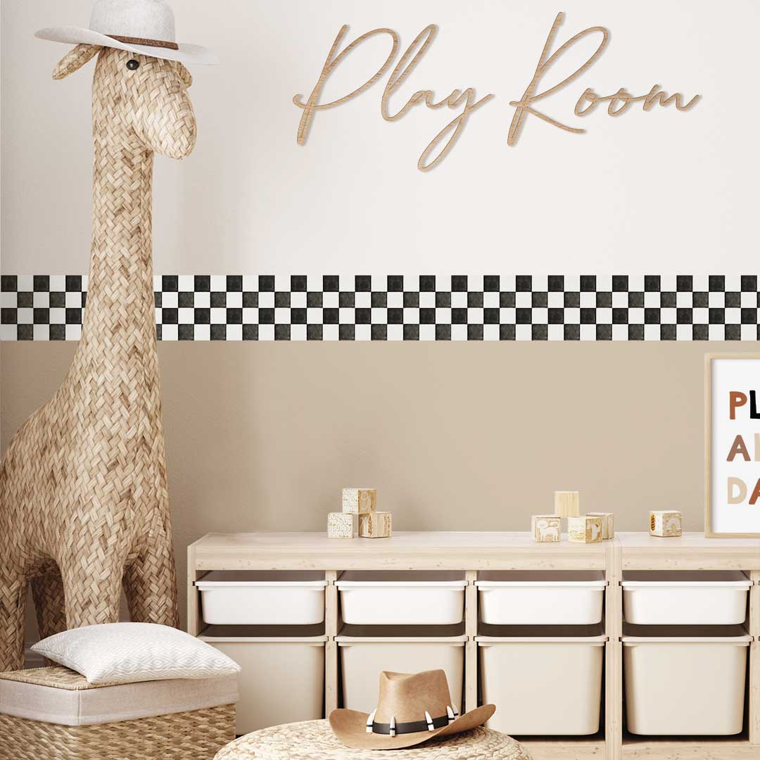 Watercolor checkered border wall sticker in 6 colors – reusable kids room decal by Ponponi