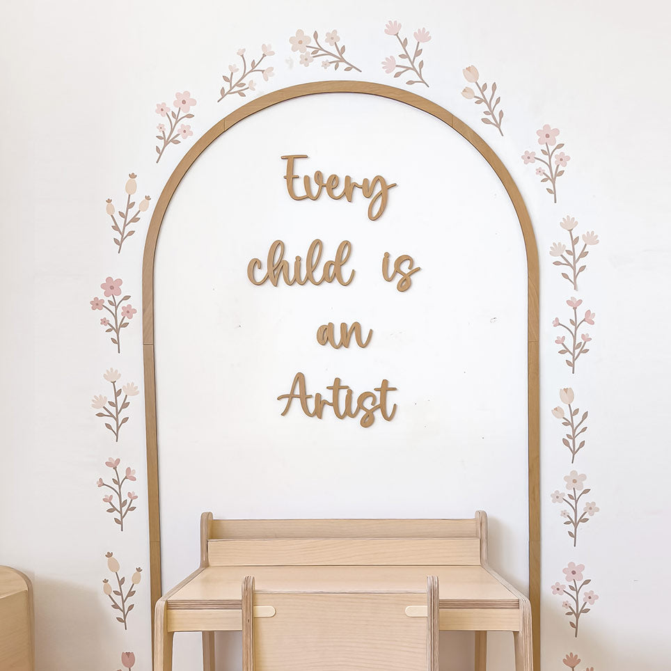 BUNDLE: Wooden bow + flower stickers + wooden inscription Every child is an artist