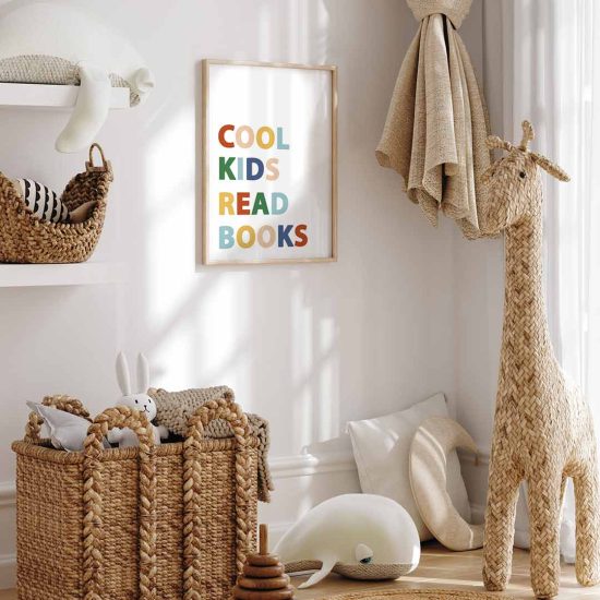 A picture for a kids' room with the inspirational quote "Cool kids read books"