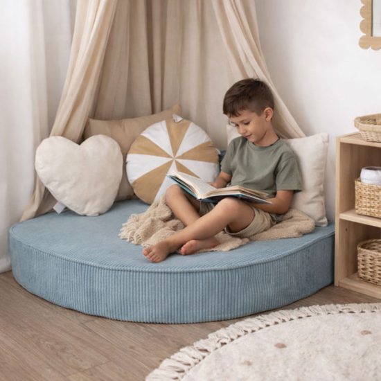 Kids corner sofa lounge set in light blue corduroy with removable washable cover – Ponponi