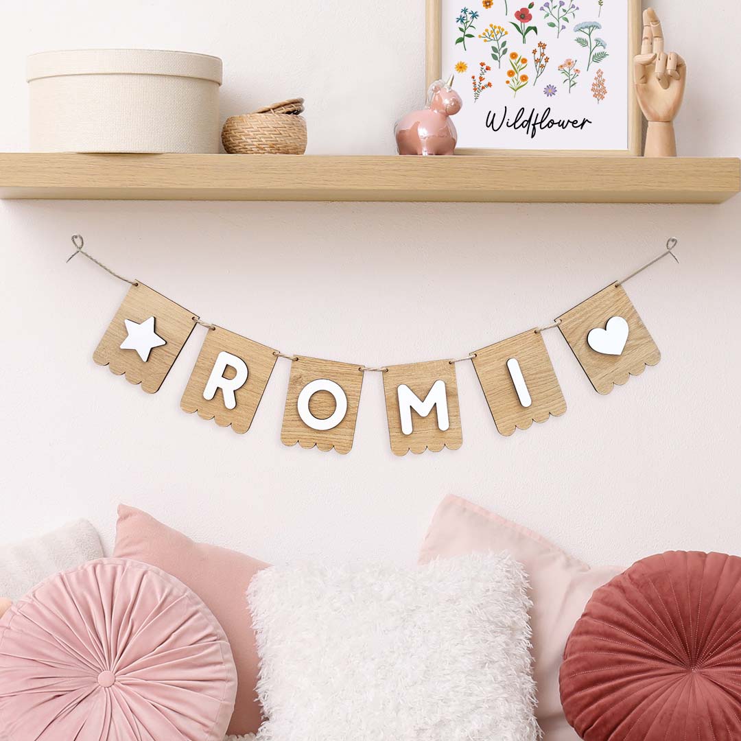 Wooden flag garland with child's name – Grindle Name
