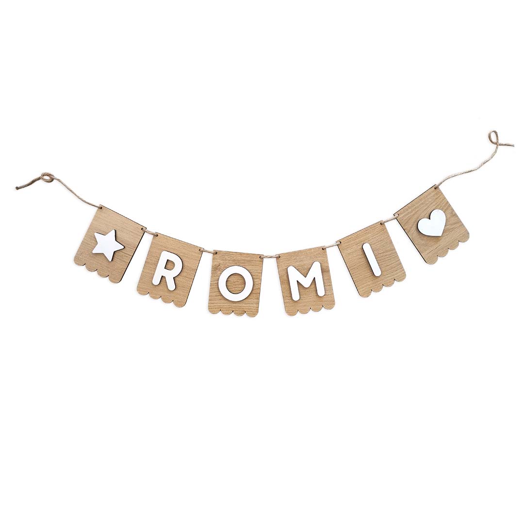 Wooden flag garland with child's name – Grindle Name