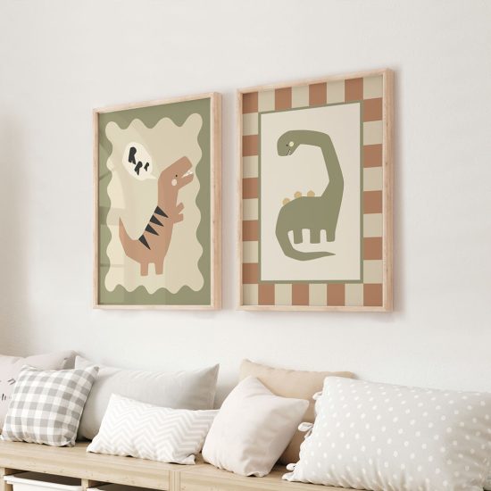 Juego de pósters para habitaciones infantiles - Dinosaurios juguetones