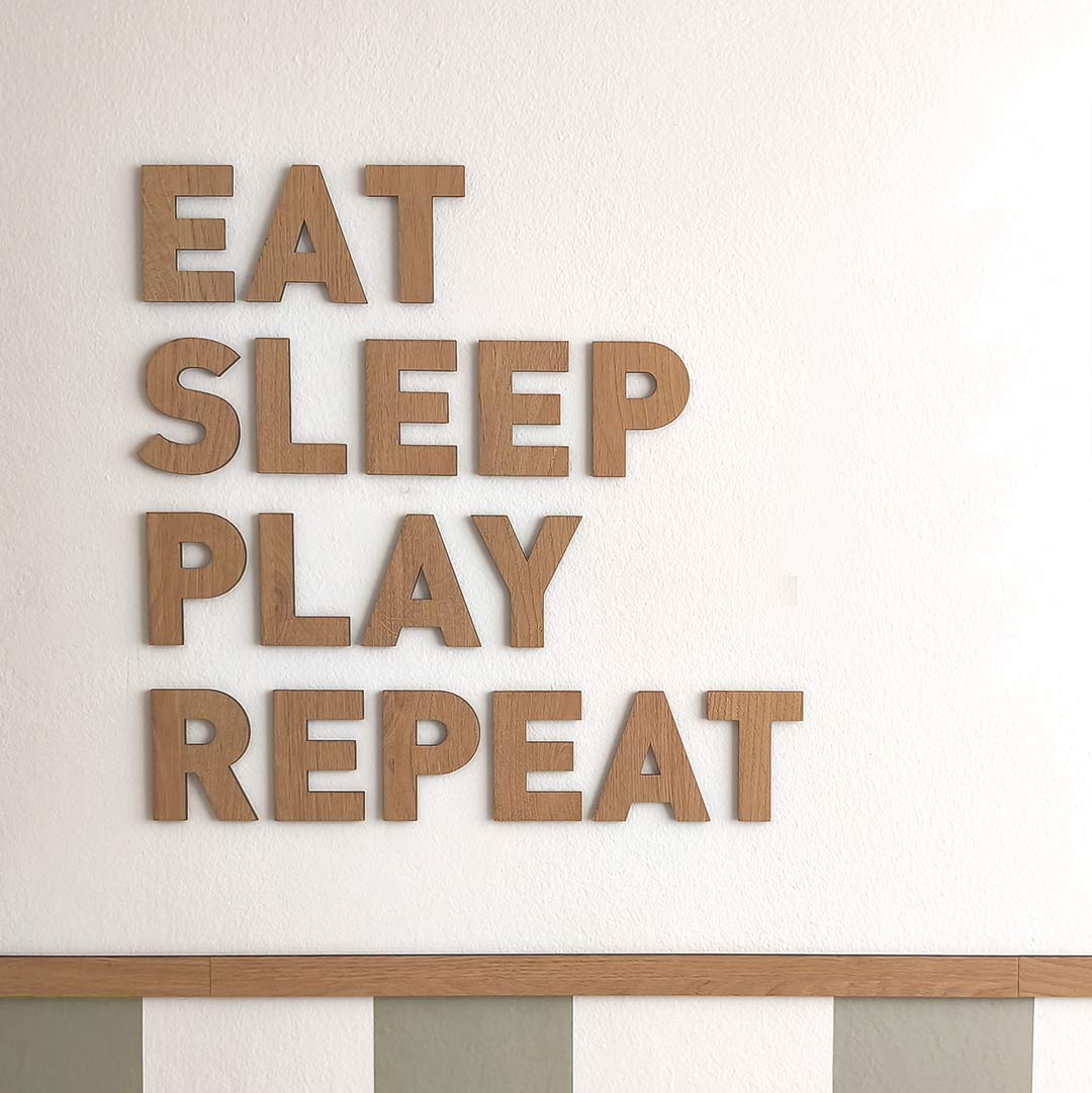 Wooden wall decorations for children with inspirational quote – Eat Sleep Play Repeat