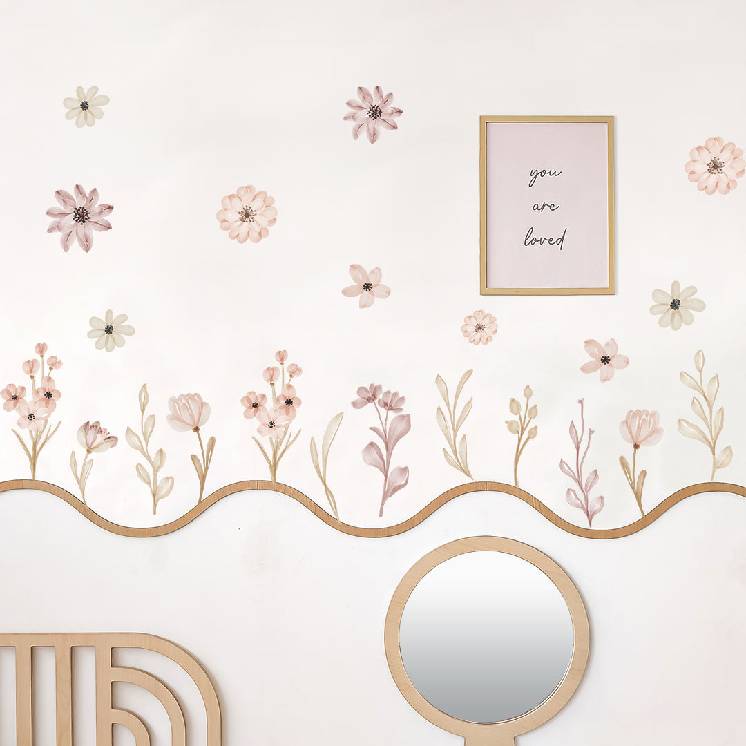Magical watercolor flower and leaf wall stickers – reusable kids room decals by Ponponi