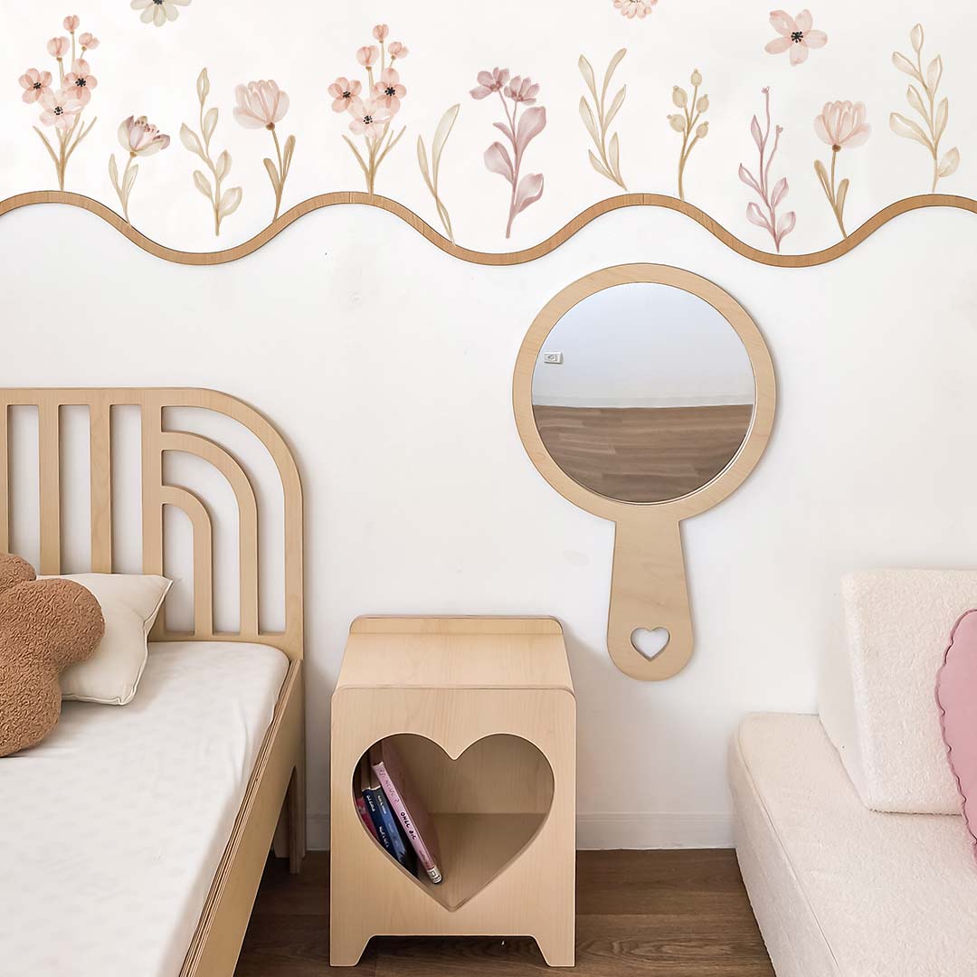 Wooden wall mirror for children in the shape of a hand mirror