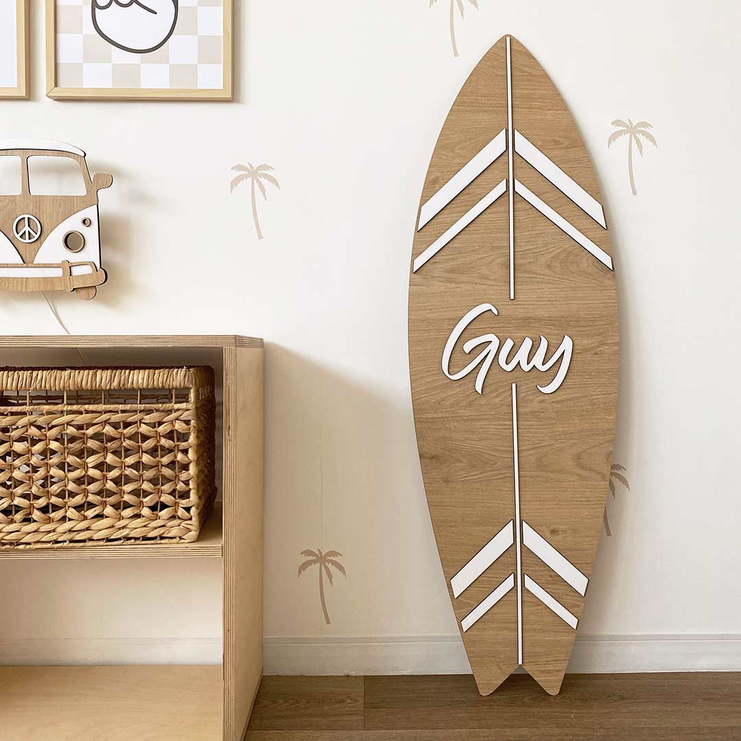 Wooden surfboard with child's name – wall decoration