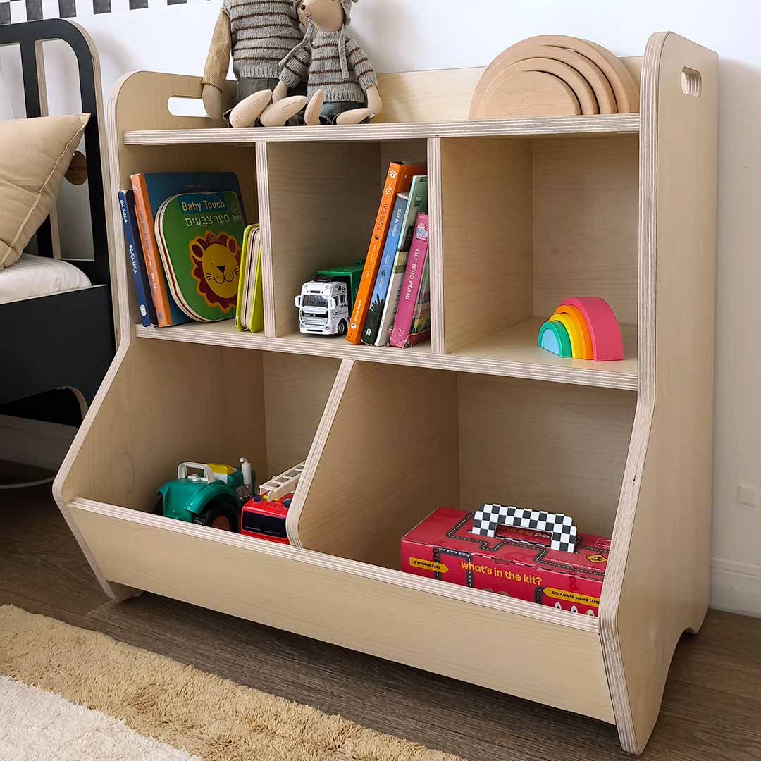 Organized storage for books and toys for children's rooms, model TOM
