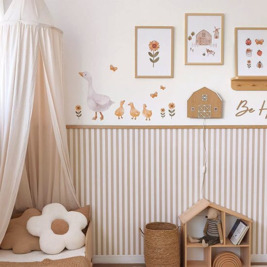 Wallpaper for a children's room with mocha brown stripes