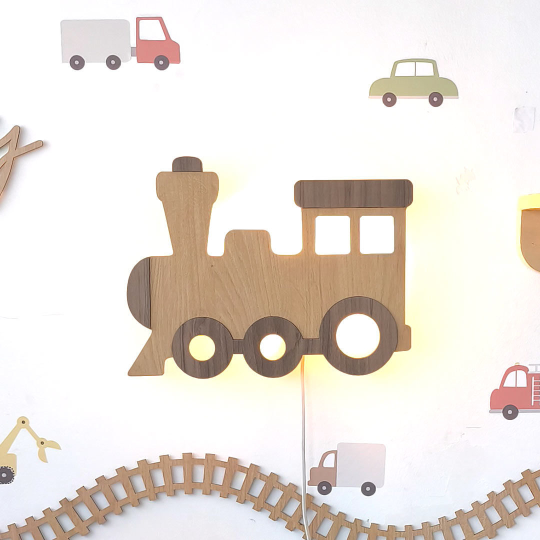 Luz nocturna de tren de madera para niños