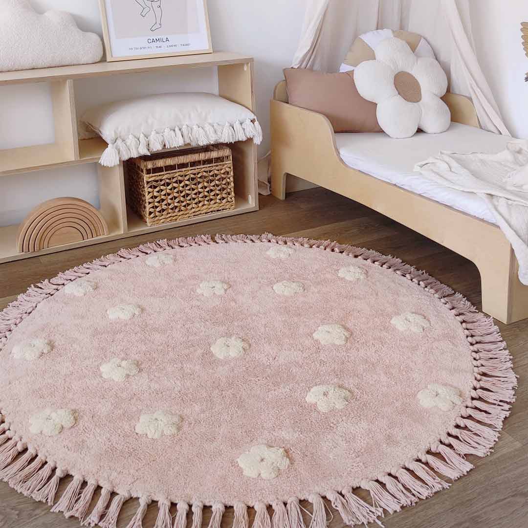 Round rug for children's room, pink with flowers, LOLA