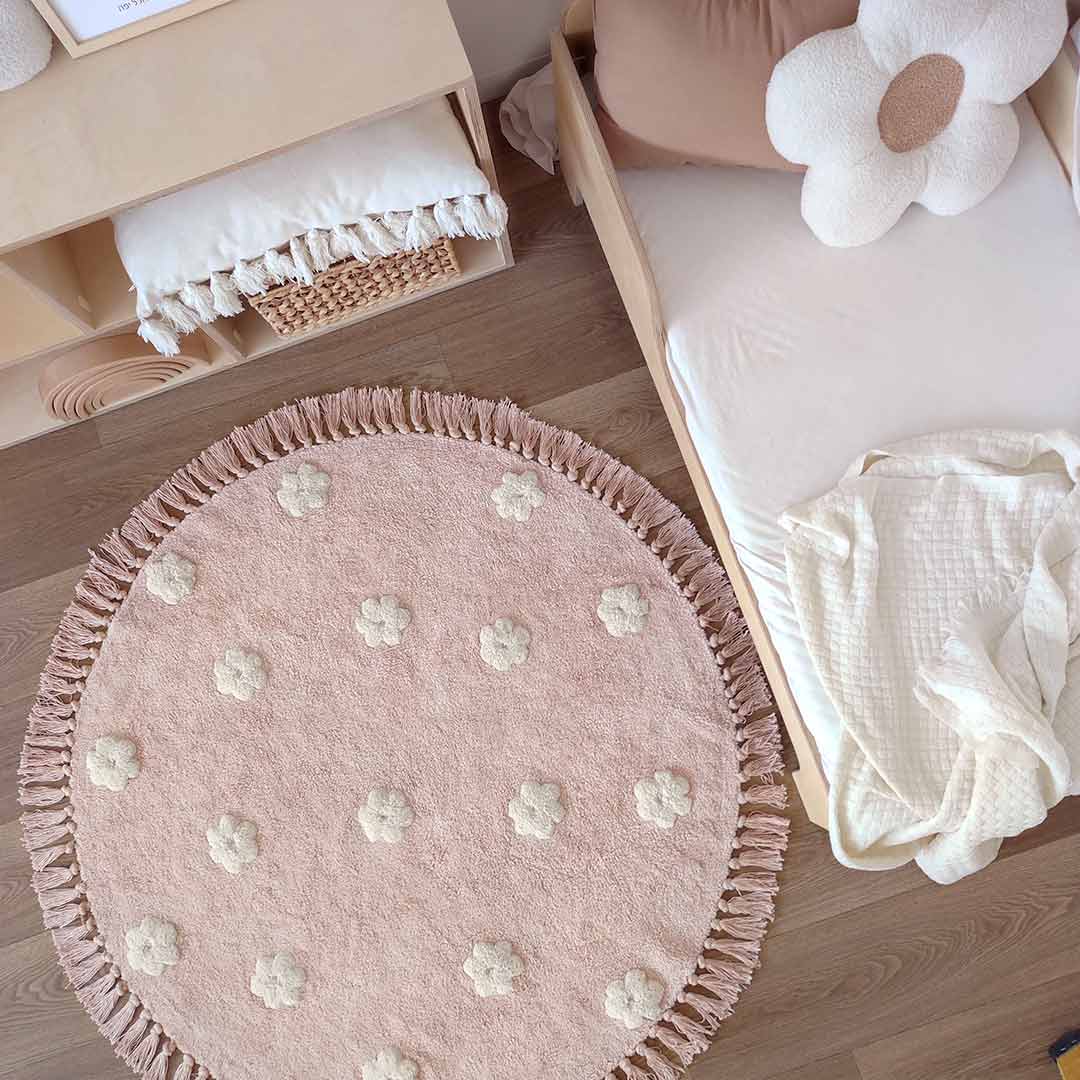 Round pink flower kids room rug LOLA – 100% cotton machine washable by Ponponi
