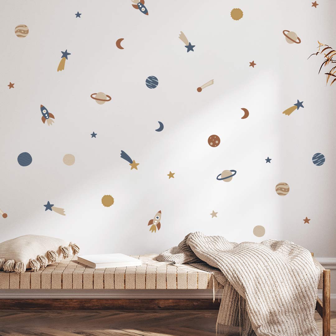 Vintage space wall stickers for children's room – reusable fabric decals by Ponponi