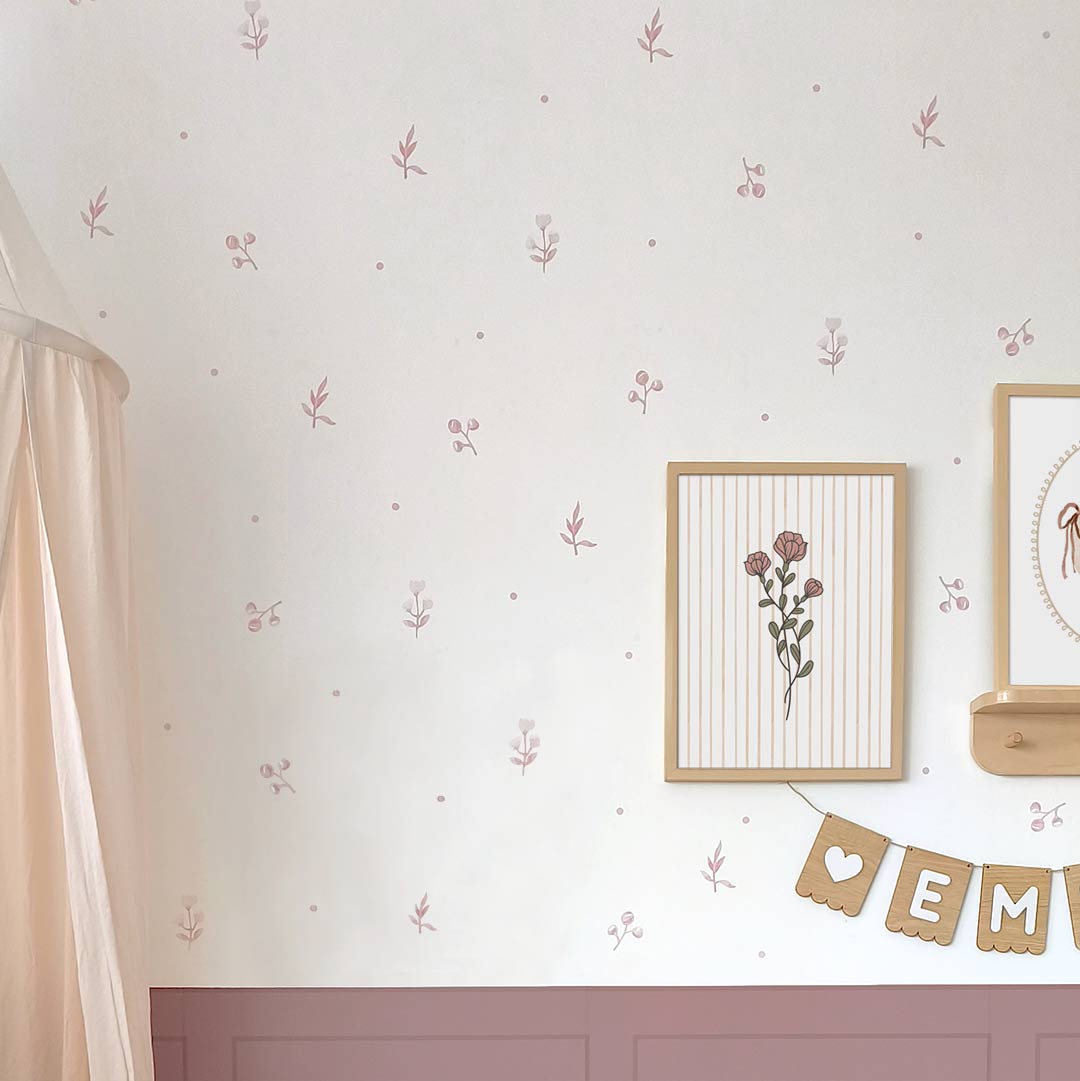 Watercolor leaf and flower wall stickers in pink and beige – reusable kids decals by Ponponi