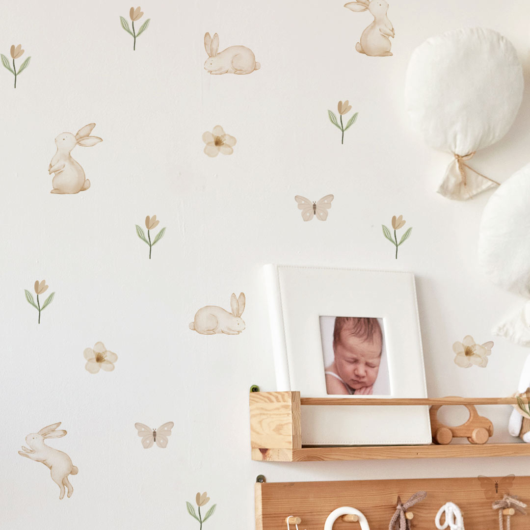 Rabbits butterflies and flowers wall stickers – reusable boho kids room decals by Ponponi