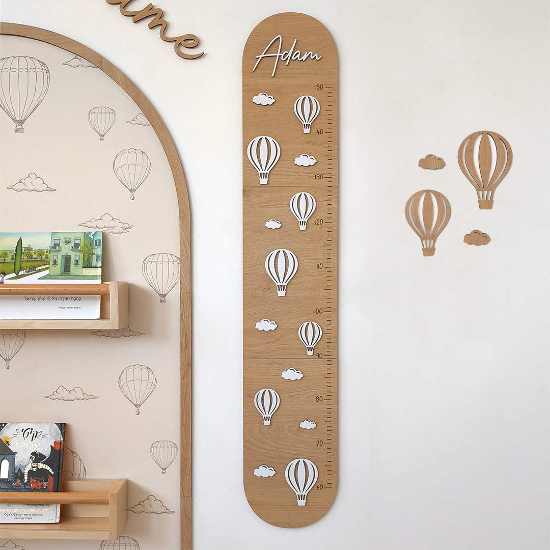 Wooden height chart for children with personalized name and balloons