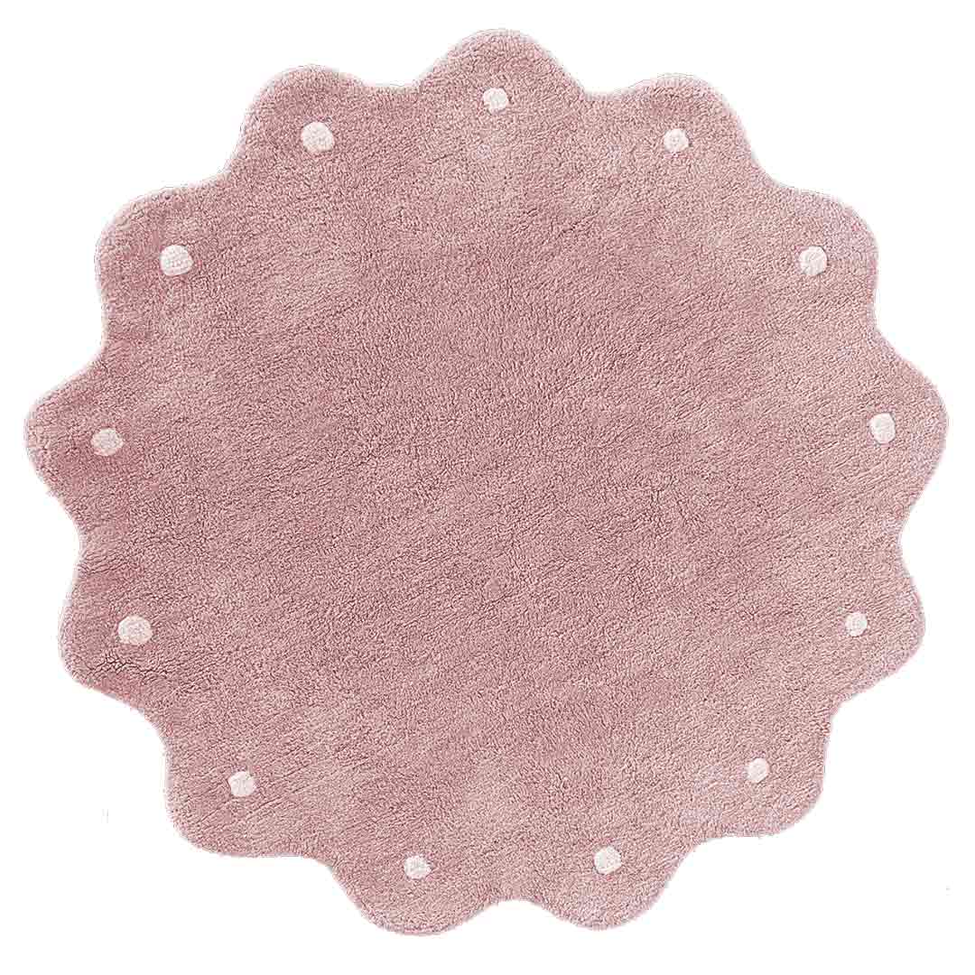Round pink fringed kids room rug MIRANDA – 100% cotton machine washable by Ponponi