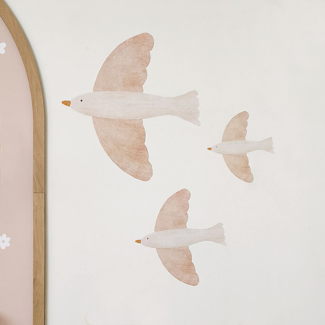 Bird wall stickers in soft neutral tones – reusable non-toxic kids room decals by Ponponi