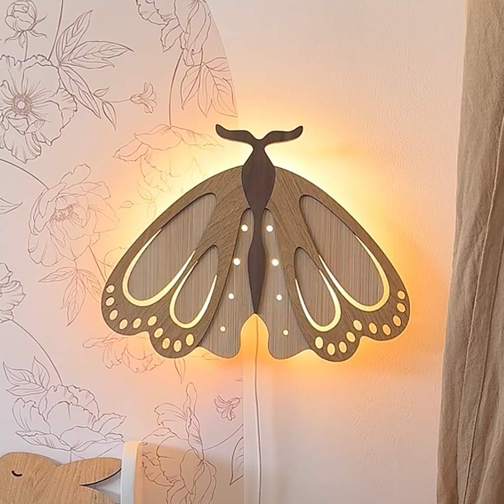 Luz de noche de madera para habitación infantil, montaje en pared, diseño de mariposa