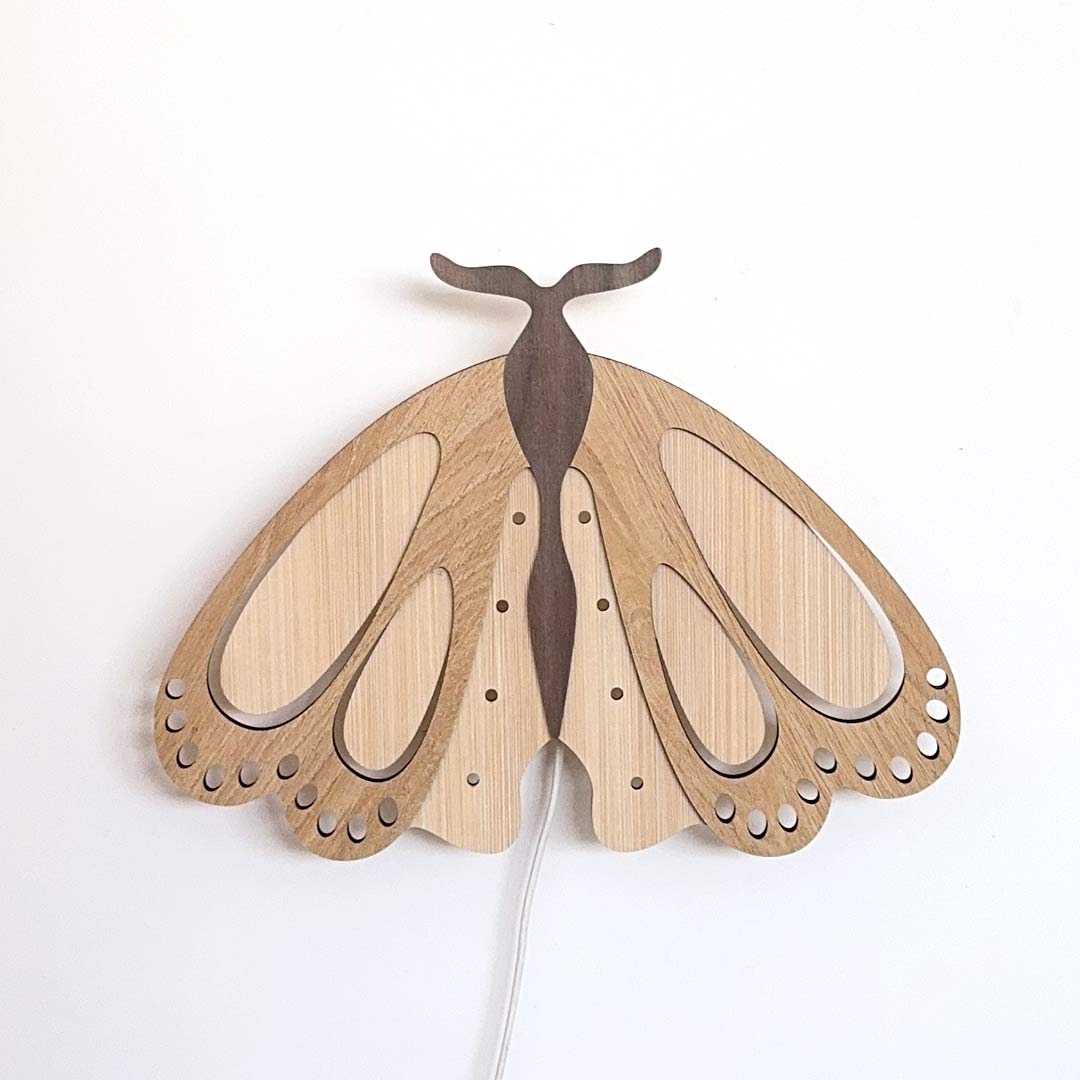 Luz de noche de madera para habitación infantil, montaje en pared, diseño de mariposa