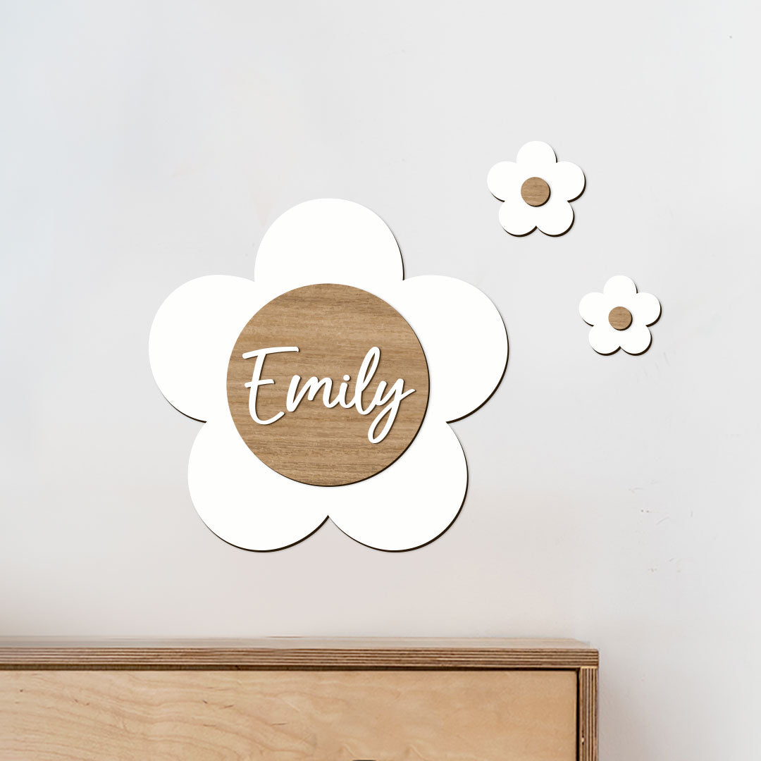 Wooden name sign for children's room, white flower