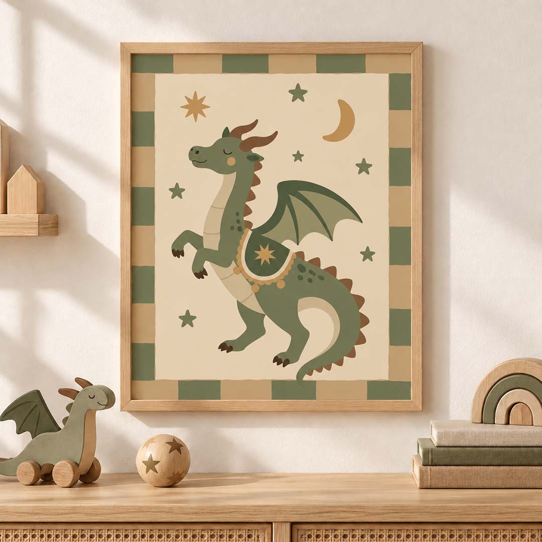 Magical Dragon Kids' Room Poster – Vintage Green Nursery Wall Art