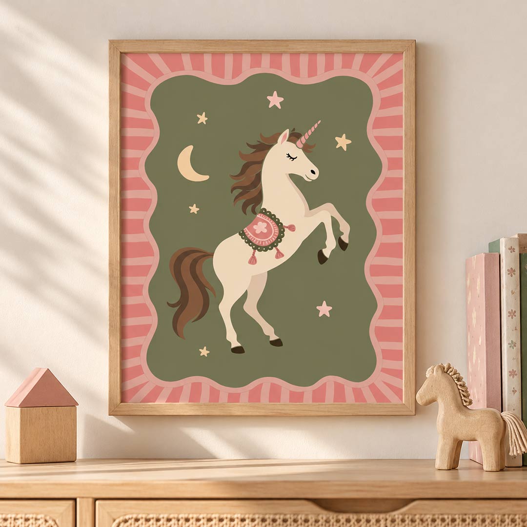 Magical Unicorn Kids Room Poster – Pink & Green Vintage Wall Art
