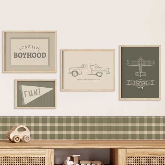 Vintage olive green kids room framed picture set – premium high quality prints by Ponponi