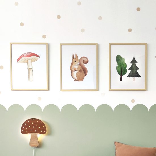 Forest squirrels mushrooms and trees kids room picture set – premium prints by Ponponi