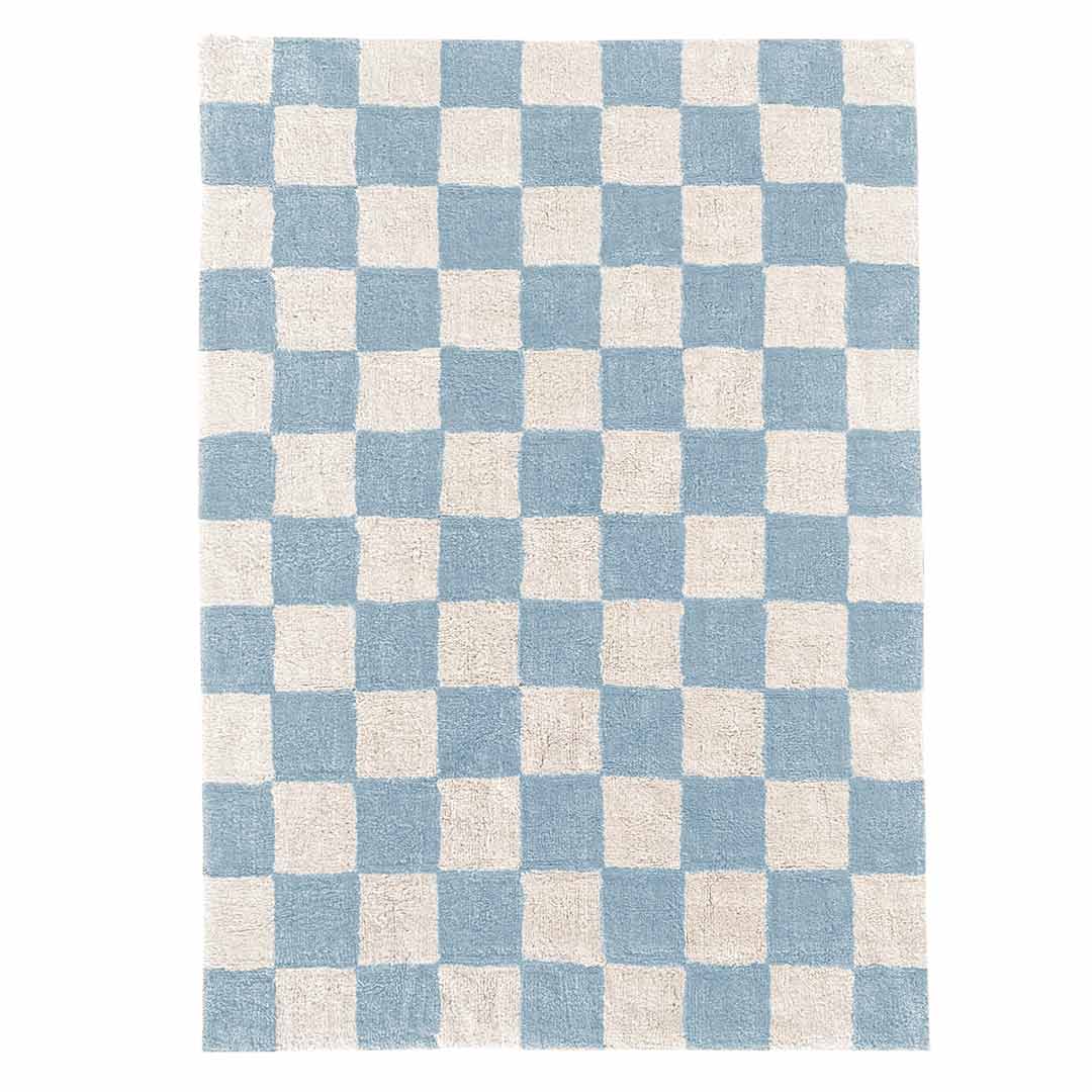Rectangular light blue checkered kids room rug CHESS – 100% cotton machine washable by Ponponi