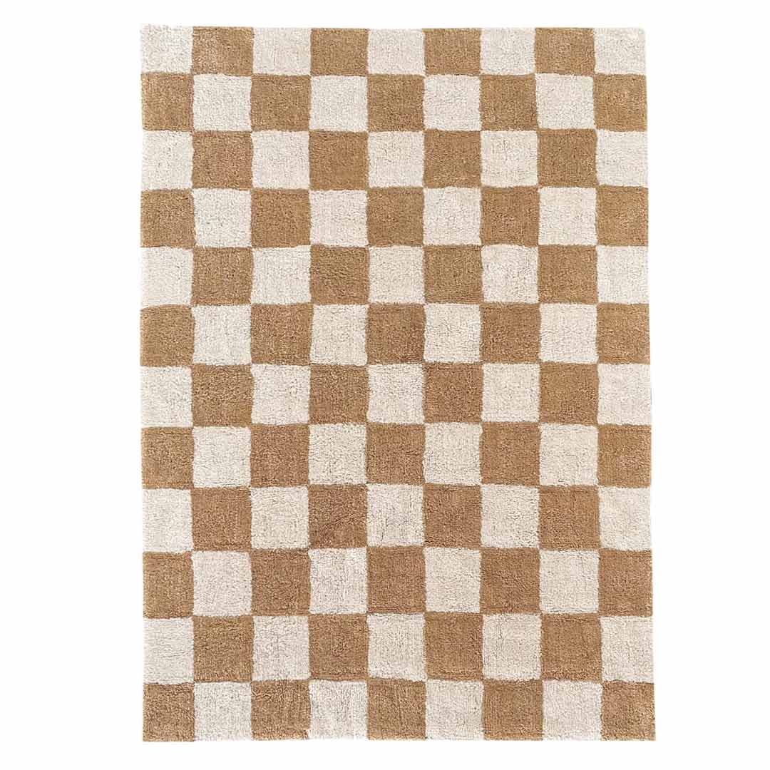 Rectangular brown checkered kids room rug CHESS – 100% cotton machine washable by Ponponi