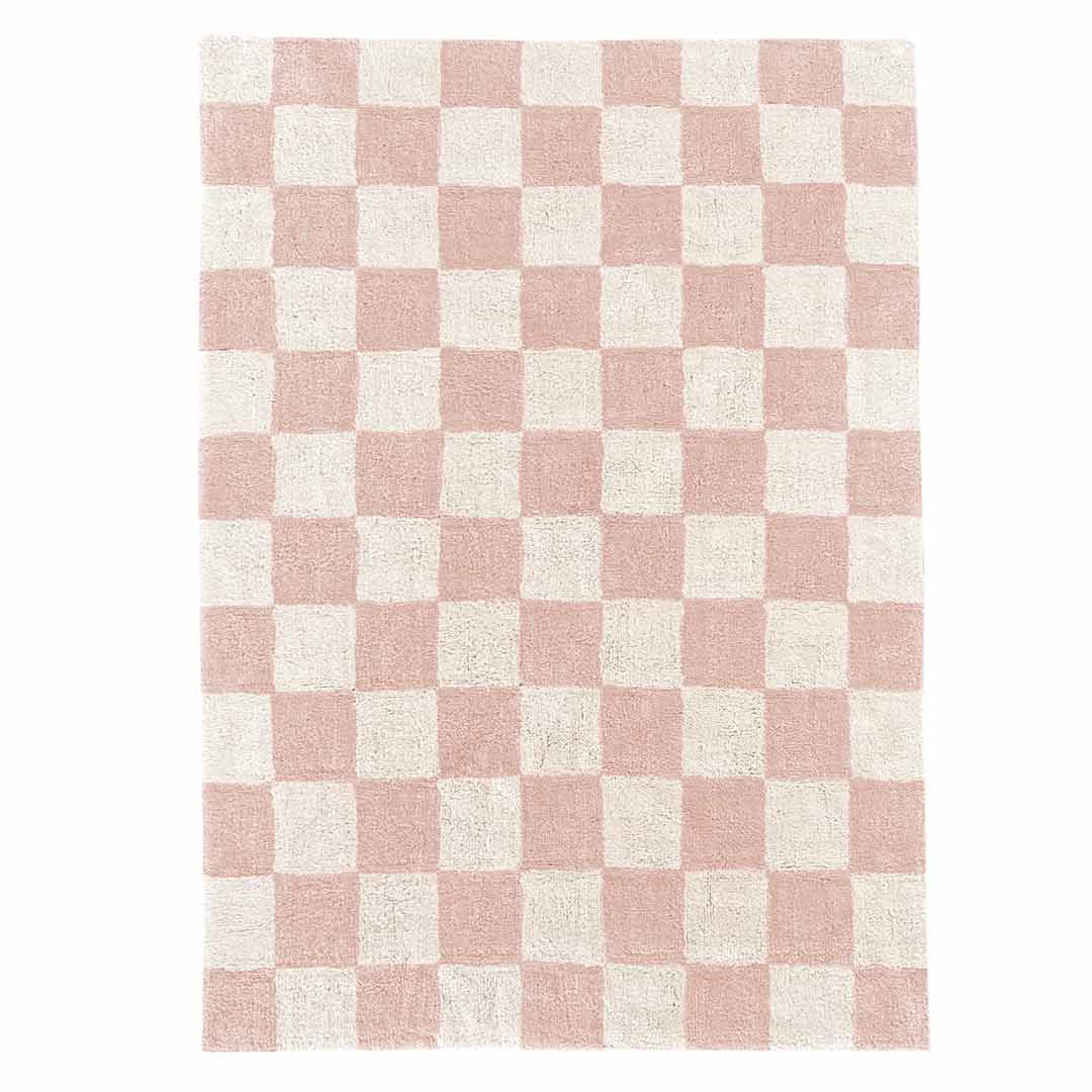 Rectangular pink checkered kids room rug CHESS – 100% cotton machine washable by Ponponi