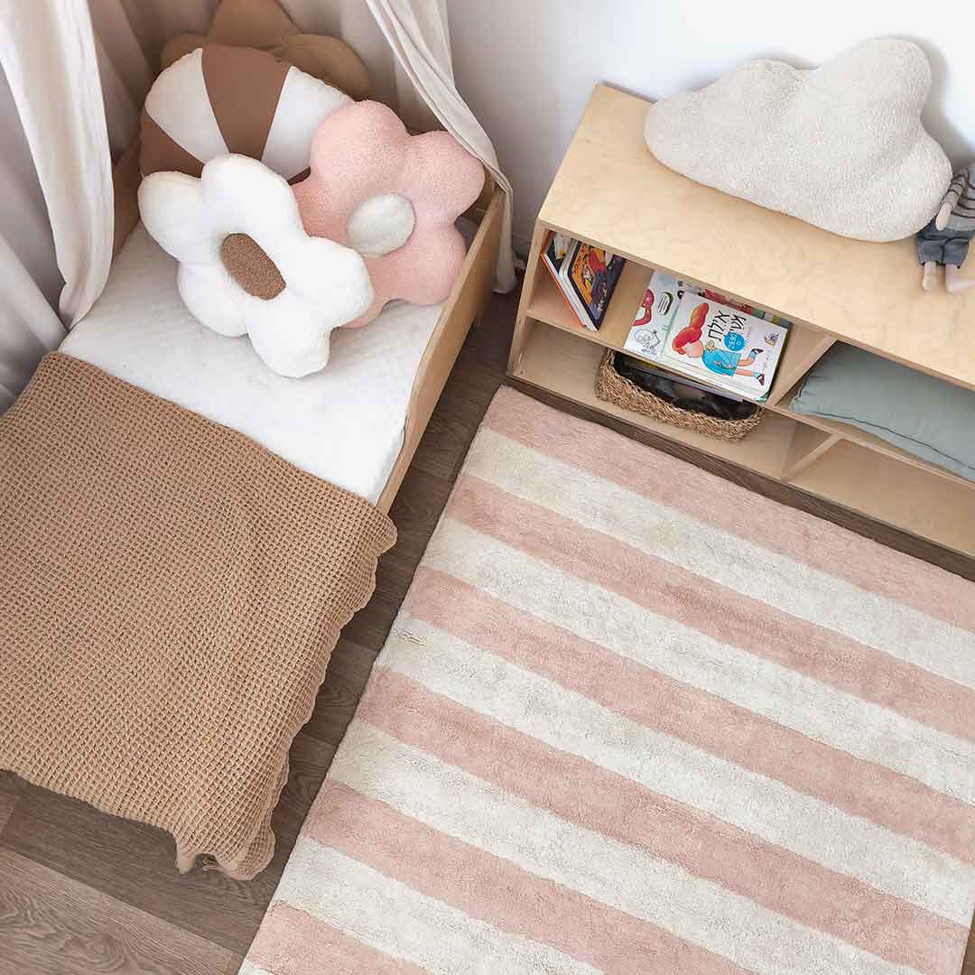 Rectangular cream and pink striped kids room rug ROMA PINK – 100% cotton machine washable by Ponponi