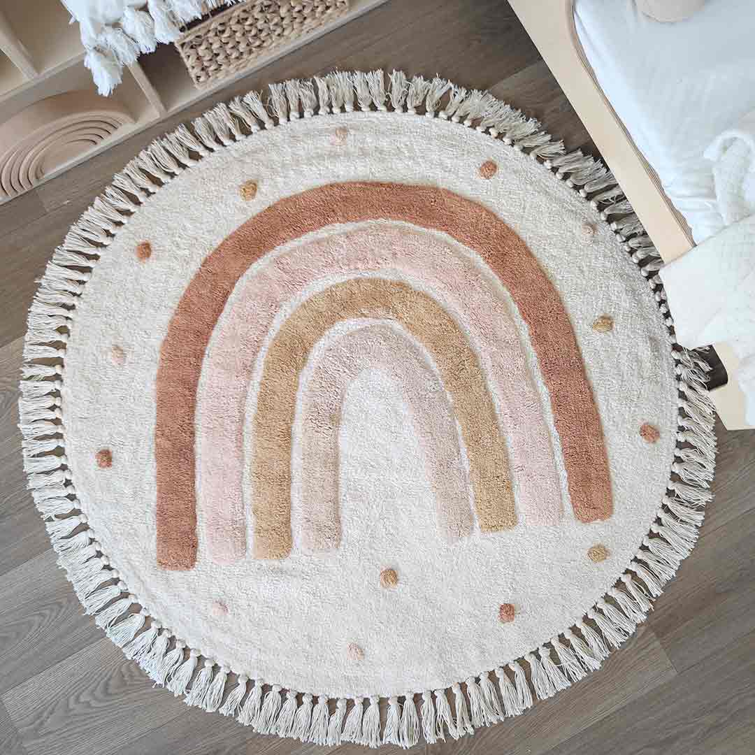 Round pink rainbow kids room rug – 100% cotton machine washable by Ponponi