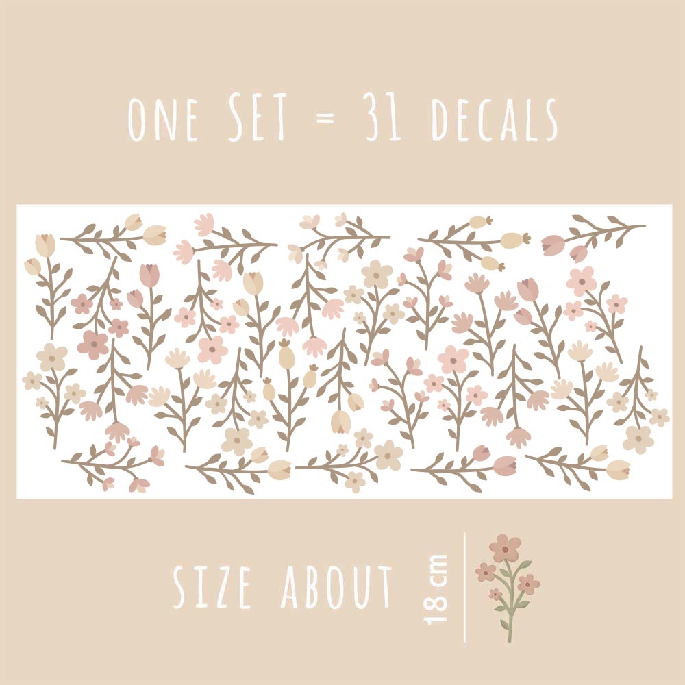Reusable flower wall stickers in shades of brown and pink cream