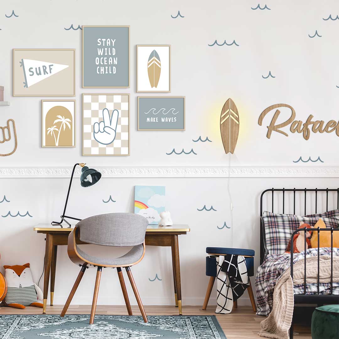 Lámpara de noche de madera para habitación infantil, de pared, diseño de tabla de surf.
