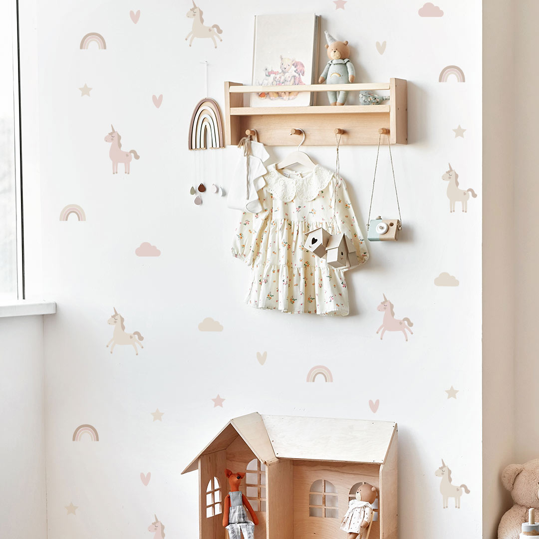 Unicorn and rainbow wall stickers for kids room – reusable fabric decals by Ponponi