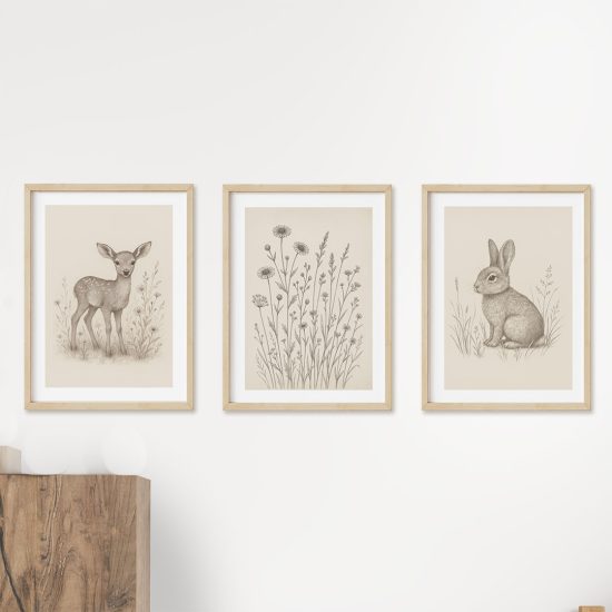 Deer rabbit and vintage flowers kids room poster set – premium prints by Ponponi