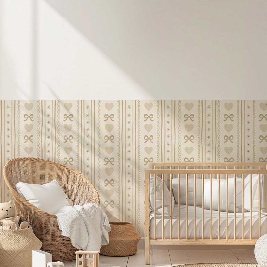 Vintage adhesive wallpaper with bows and hearts in beige
