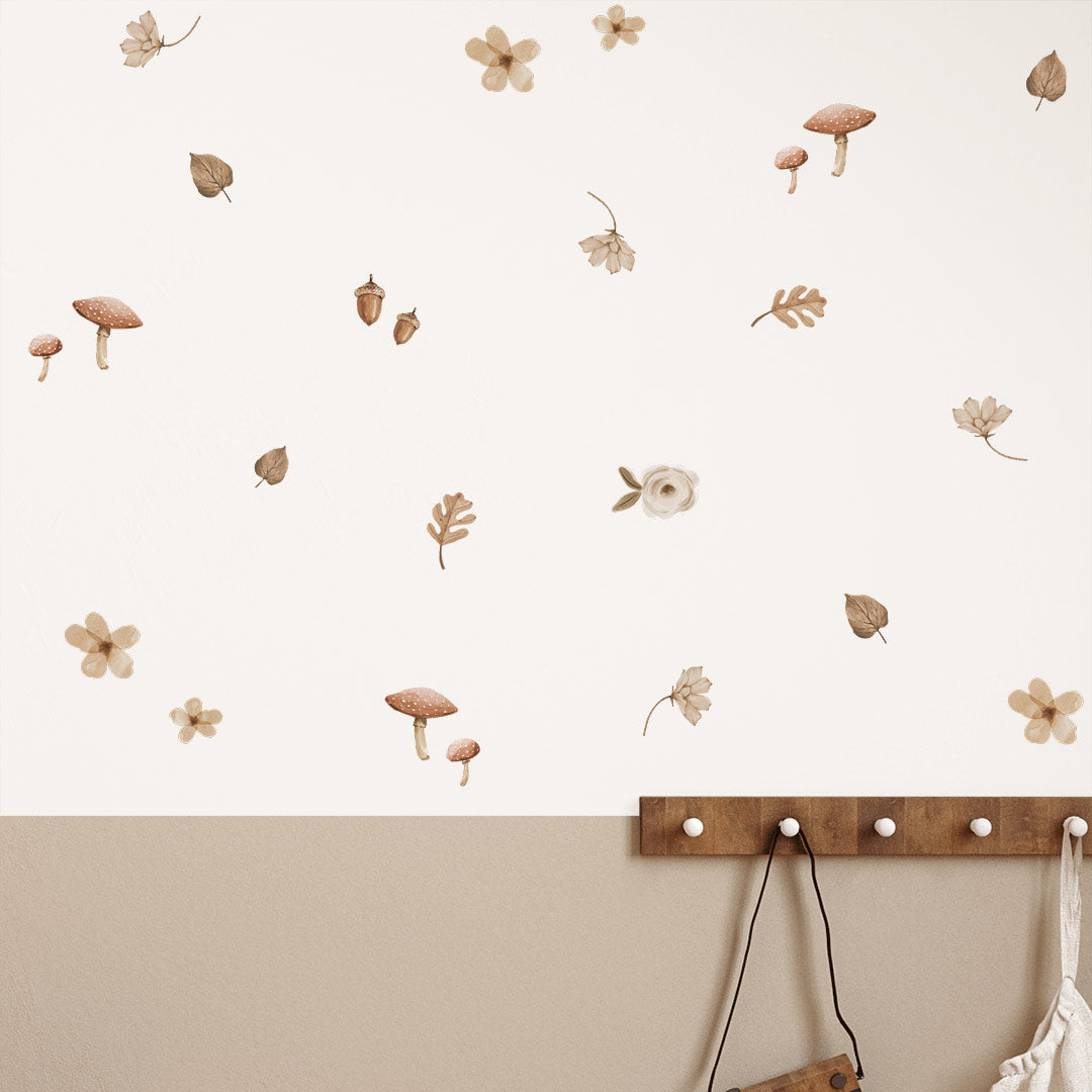 Autumn mushrooms and flowers wall stickers – reusable forest kids room decals by Ponponi
