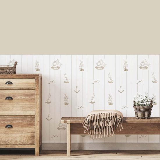 Half-wall wallpaper featuring sailboats
